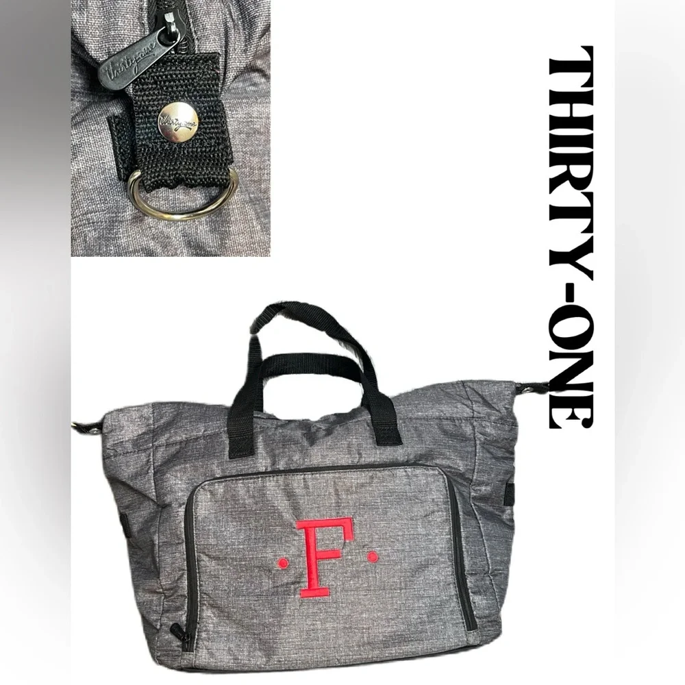 Thirty-One Gray Embroidered Letter “F” Large Soft plastic lined bag